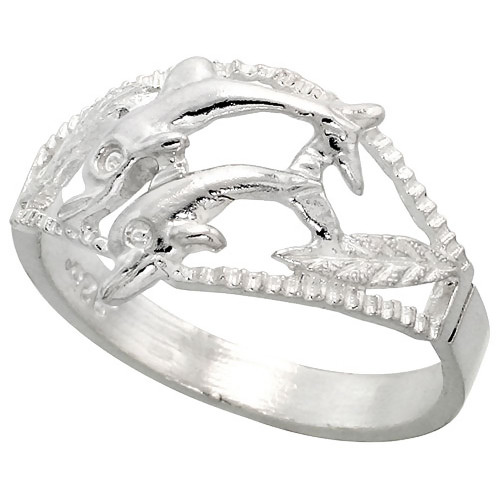 Sterling Silver Double Dolphin Ring Polished Finish 1/2 inch Wide, Size 7.5