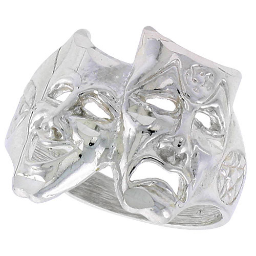 Sterling Silver Drama Masks Ring Polished Finish 11/16 inch Wide, Size 6.5