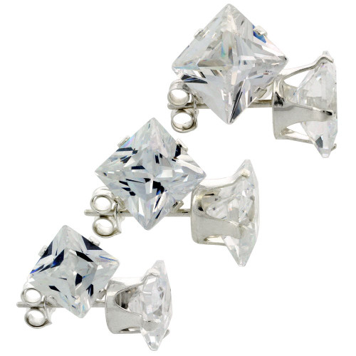 3 Pair Set Sterling Silver Cubic Zirconia Square Earrings Studs 6, 7 and 8mm Princess cut