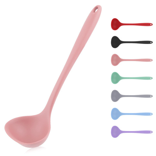 Soup Ladle, Seamless Spoon for Cooking, Silicone Ladle, Non-stick Ladle Spoon, Silicone Small Soup Spoon, Gravy Ladle with Non-slip Handle (Pink)