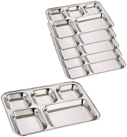 Pack of 6 Stainless Steel Dinner Plate 5 Section Divided Compartment Plate, Mess Tray, Heavy Duty Camping Every Day Use Rectangular Dinner Plates