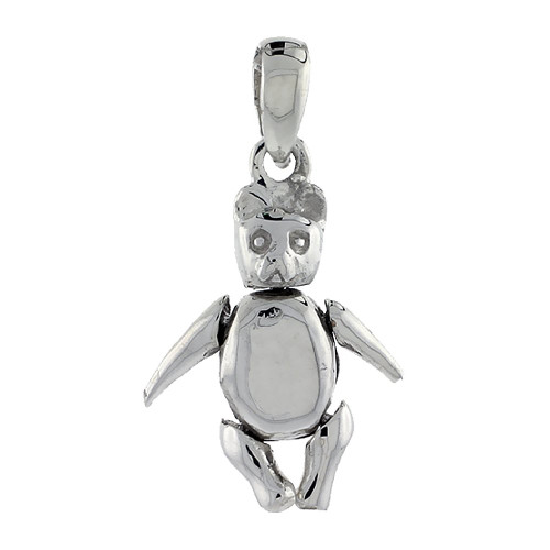 Sterling Silver High Polished Small Movable Teddy Bear Pendant, 3/4 inch Long
