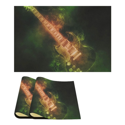 Green Psychedelic Rock Guitar Linen Table Place Mat Washable Placemats for Holiday Banquet Kitchen Dining Table Decor 2PCS