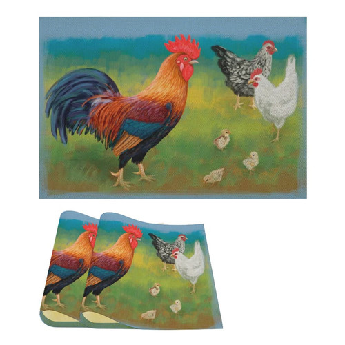Rooster with Chickens Painting Linen Table Place Mat Washable Placemats for Holiday Banquet Kitchen Dining Table Decor 2PCS