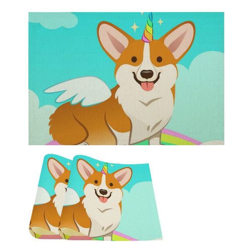 Unicorn Corgi Dog Linen Table Place Mat Washable Placemats for Holiday Banquet Kitchen Dining Table Decor 2PCS