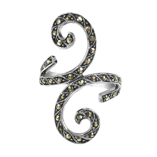 AeraVida Beautiful Marcasite Style Pyrite Front Swirl .925 Sterling Silver Ring (9) | Glamorous Swirl Sterling Silver Ring | Marcasite Inspired Ring for Women | Jewelry Gift for Anniversary | Silver Long Ring for Women