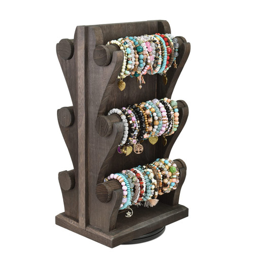 Ikee Design Two-Sided Rotating Wooden Jewelry Bracelet Display Stand-6 Removable Holders, 3 Tier Bar Bangle Organizer-Perfect for Bracelets and Jewelry Display -Dark Brown Color