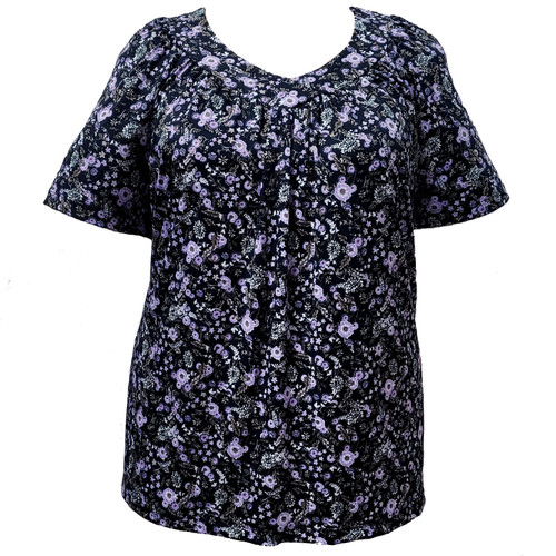 A Personal Touch Women's Plus Size Short Sleeve V-Neck Pullover Top - Lavender On Navy - 0X