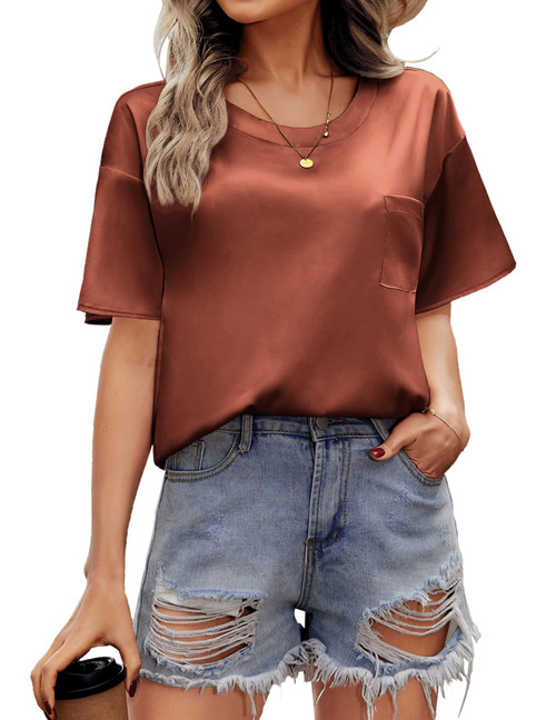 Hotouch Women's Casual Short Sleeve Satin Silk Blouse Loose O-Neck Shirt Summer Tops with Pocket Caramel XXL