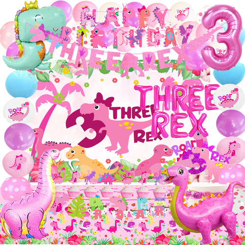 Three Dino Rex birthday party decorations girl, 3 Rex Girls Birthday Party Decorations, Pink Three inspirde rex birthday party decorations,Dinosaur Birthday Party Supplies Girl 3.