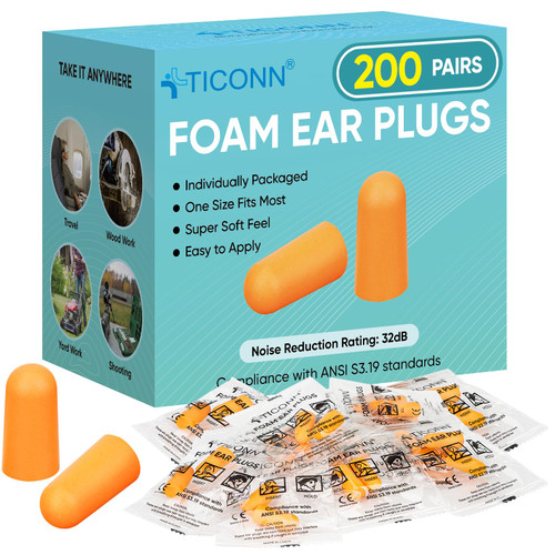 TICONN 200 Pairs Foam Ear Plugs for Sleeping Noise Cancelling, 32dB NRR Earplugs for Hearing Protection Travel Study Construction (200 Pairs) TICONN 200 Pairs Foam Ear Plugs for Sleeping Noise Cancelling, 32dB NRR Earplugs for Hearing Protection Travel Study Construction (200 Pairs)