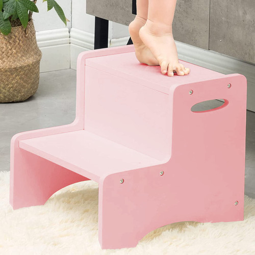 WOOD CITY Wooden Toddler Step Stool for Kids, Pink Two Step Children's Stool with Handles, Bonus Non-Slip Pads for Safety, Bathroom Potty Stool & Kitchen Step Stools Dual Height