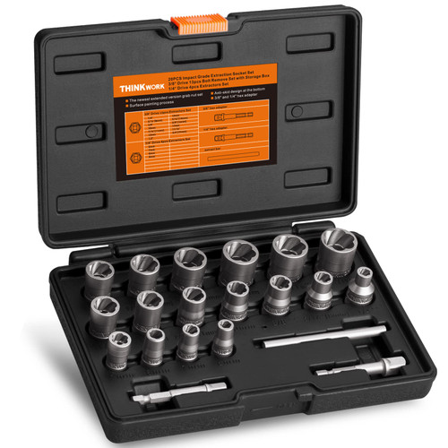 THINKWORK Bolt Extractor Kit, 20-Piece Bolt Extractor Set, Impact Bolt & Nut Remover Set for Damaged, Frozen, Rusted, Rounded-Off Bolts, Nuts & Screws THINKWORK Bolt Extractor Kit, 20-Piece Bolt Extractor Set, Impact Bolt & Nut Remover Set for Damaged, Frozen, Rusted, Rounded-Off Bolts, Nuts & Screws