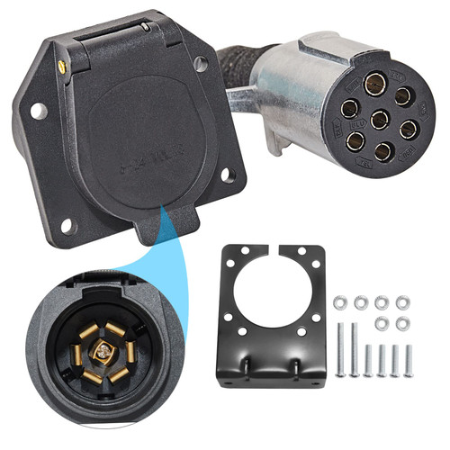 MECMO 7 Pole Round to 7 Way RV Blade Trailer Adapter Connector, 7 Pin Round to 7 Pin RV Die-Cast Zinc Female Socket, Semi Truck Trailer Adapter for Commercial Vehicle, Pickup Truck, Tractor, SAE J560