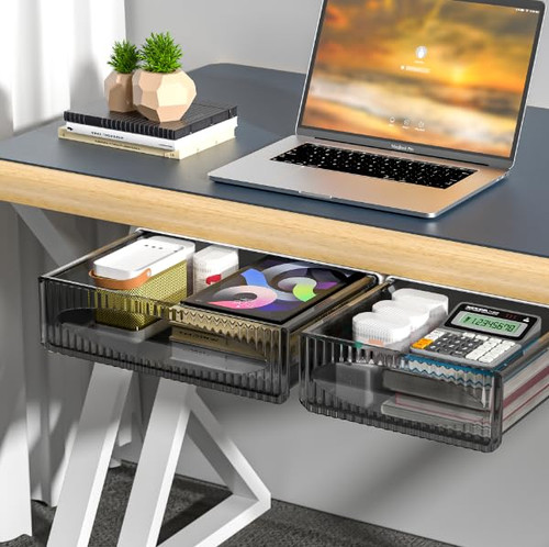 2 Pack Under Desk Storage Drawer Slide Out, Self Adhesive for Drawer Organizer Hidden Desk Storage Drawer Office Organizers and Storage Under Desk Table Drawer Pencil Storage Stick on Drawer Dark