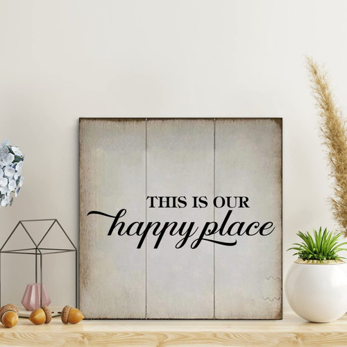 LITTLEGROVE SEEDS Modern Rustic Wooden Pallet Sign This Is Our Happy Place Wood Signs 10x10in Family Family Wall Decor Farmhouse Decor Wall Art Wall Hanger Sign for Living Room Bedroom New House Gift