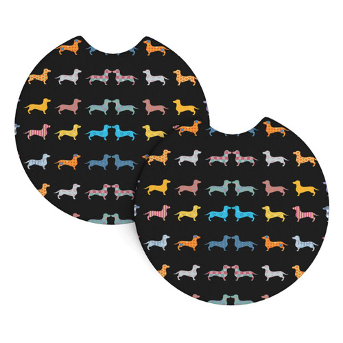 2 Pack Car Coasters Dog-Dachshund-Watercolor-Rainbow Neoprene Cup Holder Pad Set Round Auto Cup Holder Insert Drink Coaster