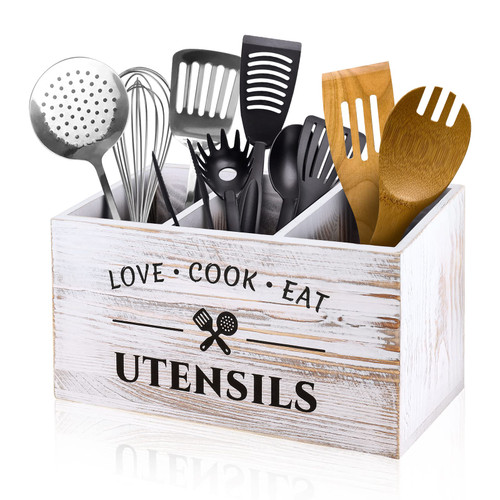 MINCORD Wood Kitchen Utensil Holder Rustic Utensil Caddy with 3 Compartment White Utensil Crock for Kitchen Counter, Farmhouse Flatware Organizer Utensil Storage Box for Silverware Fork Spoon Spatula