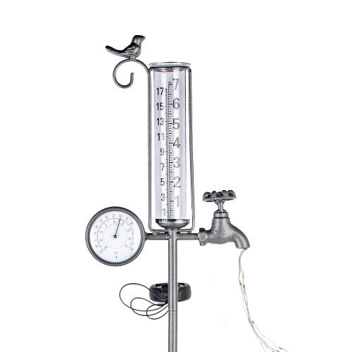 Venniy Rain Gauge Outdoor,42 Inch Solar Rain Gauge with Thermometer, 7" Capacity Rain Gauge with Metal Stake for Lawn,Yard and Garden
