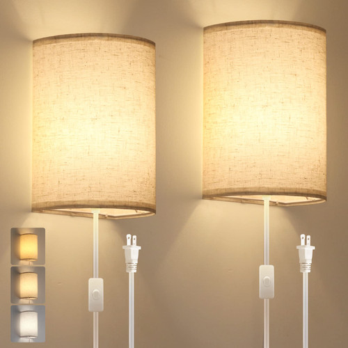 Plug in Wall Sconce, 3 Color, Set of Two, Industrial Wall Lamp with Plug in Cord, Rustic Fixture, On/Off Switch Vintage Wall Light Fixture for Headboard Bedroom Porch (Beige) Plug in Wall Sconce, 3 Color, Set of Two, Industrial Wall Lamp with Plug in Cord, Rustic Fixture, On/Off Switch Vintage Wall Light Fixture for Headboard Bedroom Porch (Beige)