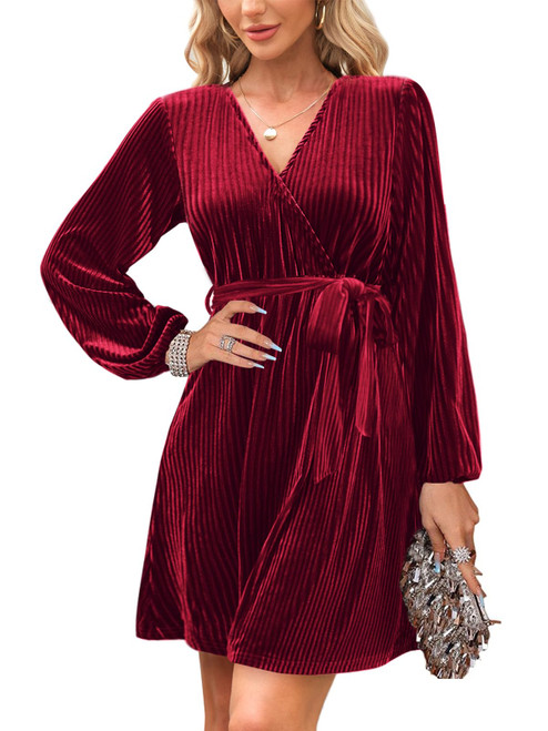 Zwurew Velvet Wrap Dress for Women Long Sleeve V Neck 2023 Elegant Cocktail Party Club Short Dress Wine Red Zwurew Velvet Wrap Dress for Women Long Sleeve V Neck 2023 Elegant Cocktail Party Club Short Dress Wine Red