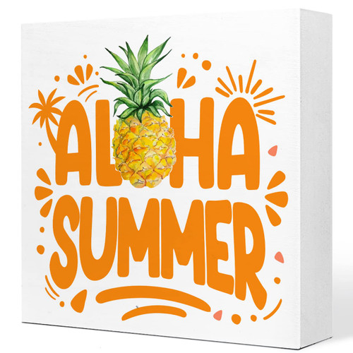 Summer Desk Decor, Aloha Summer Pineapple Wooden Plaque Sign Desk Decor,Rustic Pineapple Wood Block Sign Desk Decorations for Farmhouse Home Kitchen Farm Garden Shelf Table Decor