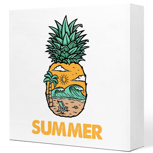 Summer Desk Decor, Funny Summer Beach View in Pineapple Wooden Plaque Sign Desk Decor,Rustic Pineapple Wood Block Sign Desk Decorations for Farmhouse Home Kitchen Farm Garden Shelf Table Decor