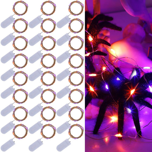 WATERGLIDE 24 Pack Halloween Fairy Lights Battery Operated (Included), 6.5ft 20 LED Mini Firefly Starry String Lights, Waterproof Silver Wire for DIY Mason Jar Table Halloween Decor, Orange&Purple