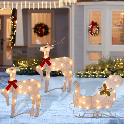 WATERGLIDE Set of 3 Lighted Christmas 2D Reindeers Outdoor Decorations, 23 Inch Pre-Lit Light Up Xmas Rudolph & Santa Sleigh with Lights, Festive Holiday Front Door Garden Patio Yard Lawn Display