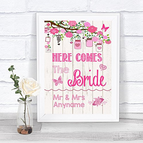 Pink Rustic Wood Effect Here Comes Bride Aisle Sign Personalized Wedding Sign