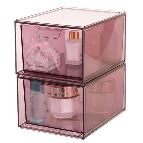 Yieach 2 Pack Stackable Makeup Organizer Storage Drawers 4.5'' Tall Acrylic Cosmetic Display Case Purple Bathroom Plastic Storage Bins For Vanity,Under Cabinets,Pantry Organization and Storage