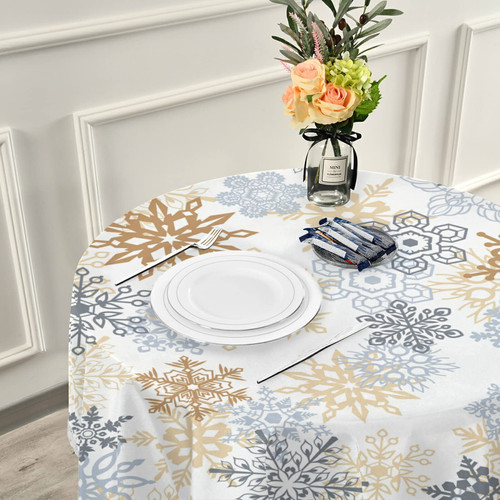 AMELIA SHARPE Christmas Gold Grey Snowflakes Tablecloth Winter Xmas Snow Round Tablecloths Circular Table Cover Cloths Washable Polyester Tabletop Runner for Kitchen Party Picnic Dining Decor 60 Inch