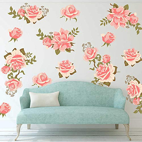 decalmile Pink Rose Flower Wall Decals Removable Wall Stickers Art DIY Home Decor Bedroom Living Room Decoration