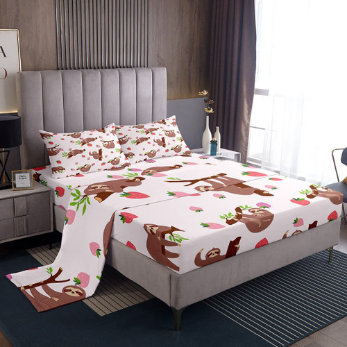 Feelyou Cute Sloth Print Bed Sheet Set Cartoon Sloth Bedding Set Kawaii Animal Print Fitted Sheet Strawberry Pink Flat Sheet for Kids Boys Girls Adults 4Pcs with 2 Pillow Case Full Size