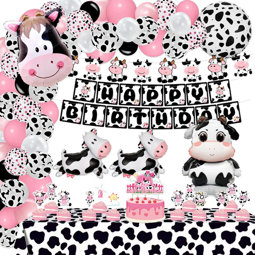 Cow Party Decorations, Cow Print Birthday Decorations Include Pink Cow Balloon Garland Arch Kit Tablecloth Happy Birthday Banner Toppers Balloons for Farm Cow Themed Birthday Party Supplies for Girl