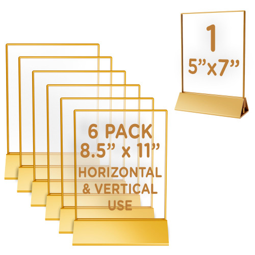 Gold Acrylic Sign Holder 8.5 x 11, Gold Frame, Acrylic Paper Holder Stand, Acrylic Display Stands, Double Sided Vertical or Horizontal Menu Holders for Restaurant, Clear Paper Stand Display, Flyer Holder 8.5 x 11, Clear Acrylic Picture Frame, (6 Pack