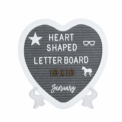 G GAMIT Heart-Shaped Felt Letter Board Message Sign - 10x10 inches Message Board with 465 Changeable White&Golden Letters,Numbers,Cursive Words and Stand for Party,Baby Announcement,Wedding,Pregnancy,Wall&Tabletop Decor (Gray)