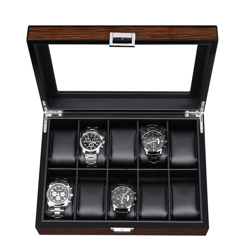 BEWISHOME Watch Box -10 Slot Luxury Watch Case with Real Glass Top, Smooth Faux Leather Interior,Watch Organizer for Men,Brown SSH10Y