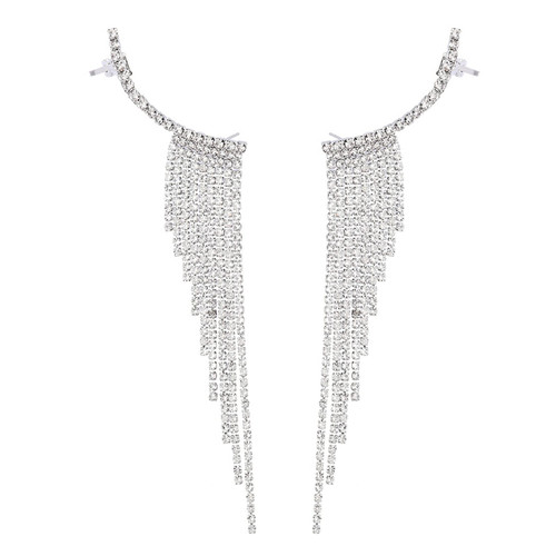 CEJUG Chandelier Earrings for Women Crystal Rhinestone Long Tassel Dangle Drop Cartilage Clip On Piercing Ear Cuffs Stud Silver