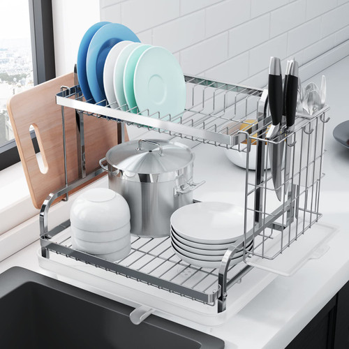 Kitsure Dish Drying Rack, Multifunctional Dish Rack, Rustproof Kitchen Dish Drying Rack with Drainboard, Space-Saving 2-Tier Dish Drying Rack with a Large Capacity for Kitchen Counter, Silver3