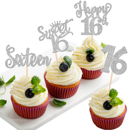 24 PCS 16th Birthday Cupcake Toppers Glitter Sixteen Sweet 16 Cupcake Picks Happy 16th Birthday Cupcake Decoration for Happy 16th Birthday Anniversary Party Cake Decorations Supplies Silver