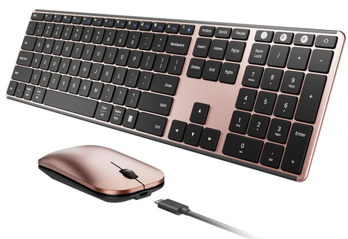 seenda Wireless Bluetooth Keyboard and Mouse Combo (USB + Dual BT), Multi-Device Rechargeable Slim Keyboard and Mouse, Compatible for Win 7/8/10, MacBook Pro/Air, iPad, Tablet - Black Rose Gold