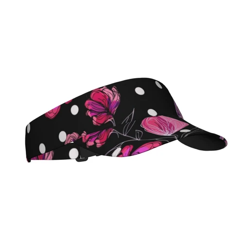 Pink Flower Butterflies on White Small Rounds Pattern Sport Sun Visor Hats Adjustable Hat Empty Top Baseball Cap Sun Visor Cap for Women and Men