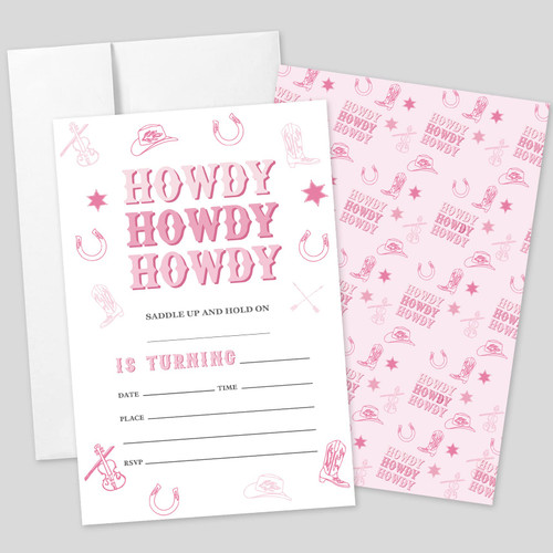 20 Sets Wild West Cowgirl Preppy Birthday Party Invitations With Envelopes, Hot Pink Howdy Disco Cowgirl Hat Boots Double-sided Printed Invitation Invite Cards for Teen Girls, Retro Cowgirl Invites