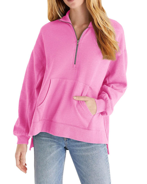 Fisoew Women's Half Zip Casual Sweatshirt Long Sleeve Solid Color Loose Workout Pullovers with Pockets Pink