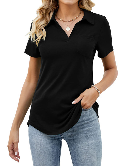 Women's Short Sleeve Polo Shirts Loose Business Casual Tops Work Blouses V Neck Spring Tunic Tops Black XXL