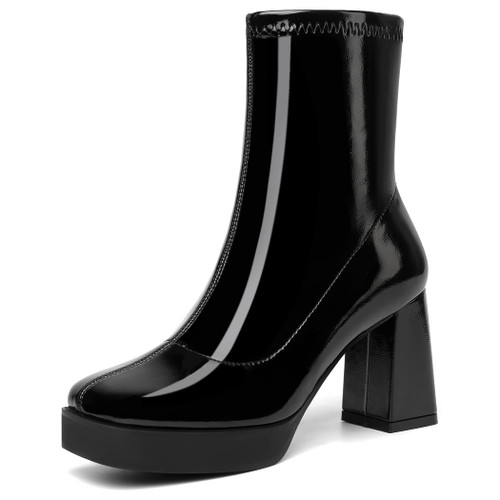 sexrosly Women's Go Go Boots Mid Calf Square Toe Ankle Boots Block Chunky Heeled Platform Short Boot Fashion Sexy Dress High Heels Booties