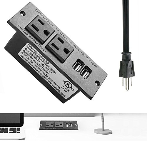 Recessed Power Strip, Black Desktop Power Grommet Socket with Furniture, 2 AC Outlets & 2 USB Ports for Conference Desk, Kitchen, Office, Home, Hotel