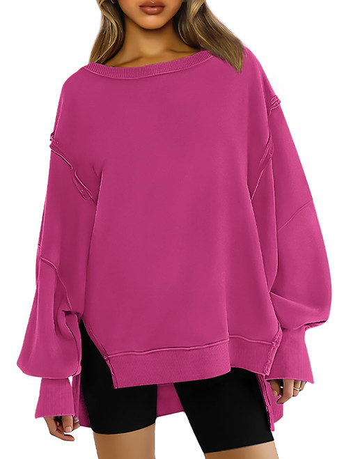 Trendy Queen Womens Oversized Crewneck Sweatshirts Hoodies Sweaters Fall Clothes Side Slit Long Sleeve Fleece Fashion Y2k Teen Girls Cute Preppy Winter Outfits 2023 Hotpink