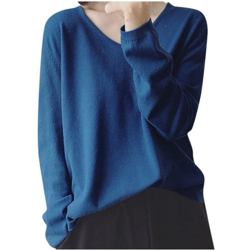 uhnmki Womens Shirts Fashion Casual Loose Pullover Solid Color V Neck Long Sleeved Shirt Top T Shirt Plus Size Blouse Blue